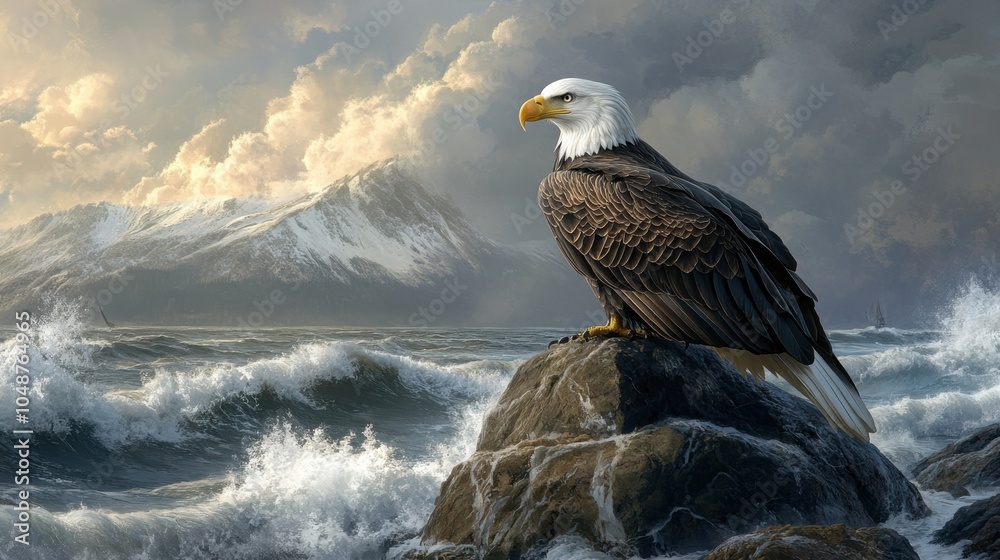 Fototapeta premium A bald eagle resting on a rock by the coastline, with waves crashing in the background.