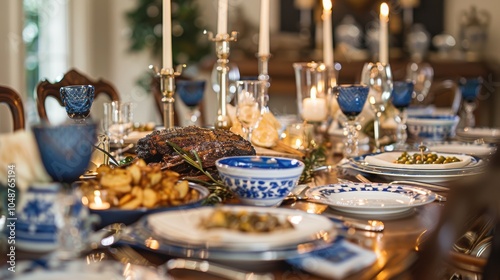 Elegant Hanukkah Dinner Table with Menorah and Traditional Dishes for Festive Celebrations photo