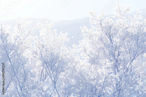 Snow-laden branches filled with delicate white frost, gleaming in the morning sunlight, symbolizing the crisp winter air. photo