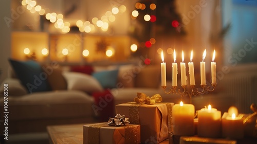 Warm Holiday Glow: Menorah and Christmas Decor in a Festive Living Room Scene for Seasonal Design photo