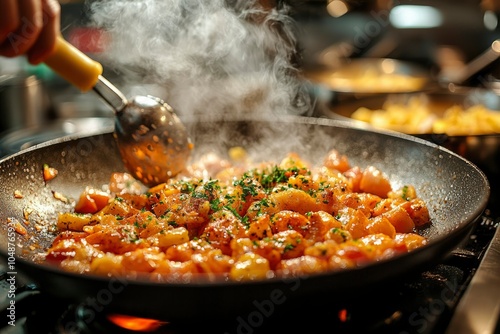 Close-up of Steaming Saut?ed Food in a Pan with a Ladle photo