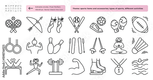 Types of sports icon set. 21 vector editable stroke signs, 48x48 px and 480x480 px monochrome pictograms