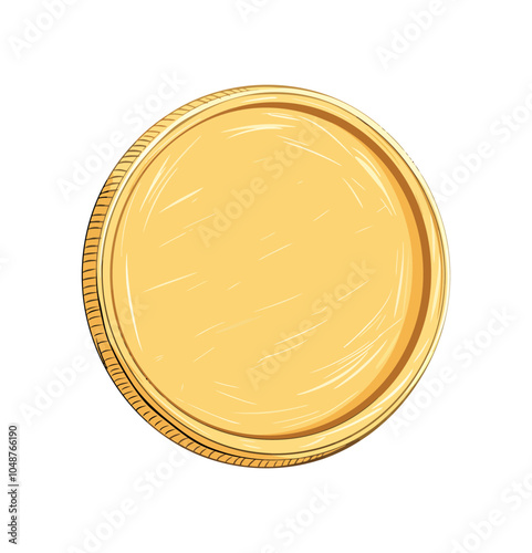 A cartoon-style illustration of a blank gold coin with a simple, textured surface. Perfect for concepts related to currency, finance, wealth, and digital assets.