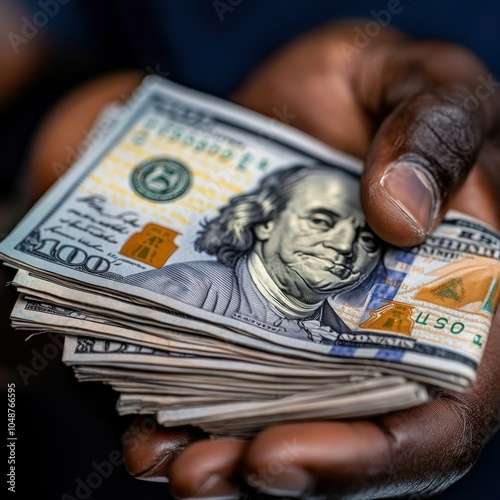 Successful African American Man Holding Stack of US $100 Bills