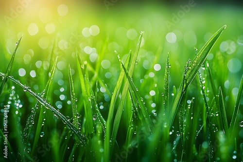 Morning dew glistens on fresh green grass in the sunlight