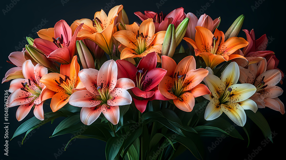 Naklejka premium .A graceful bouquet of fresh lilies in soft white and pink tones, with long, elegant stems and lush green leaves.