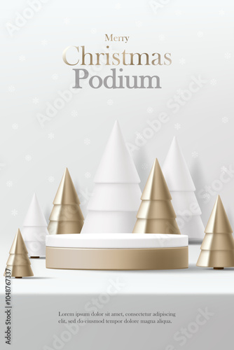 3D Vector Merry Christmas product display cylinder stand podium banner. Happy New Year with gold christmas tree white background. Luxury modern minimal style, Xmas decoration party, social media post