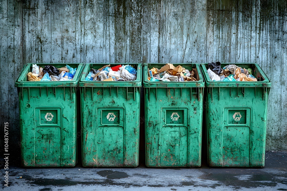 Green recycling bins filled with waste against a textured wall Green recycling bins filled with waste against a textured wall