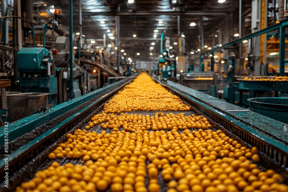 Conveyor Belt Transporting Freshly Harvested Oranges in a Processing Plant Conveyor Belt Transporting Freshly Harvested Oranges in a Processing Plant