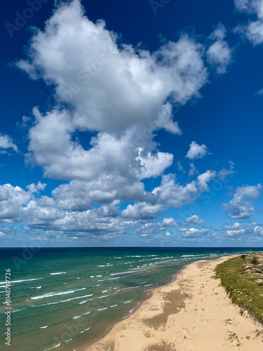 Ludington State Park Michigan America, Lake Michigan aerial view coastline landscape shoreline with sand dunes and waves