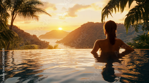 Donna rilassata in piscina a sfioro con vista su tramonto tropicale