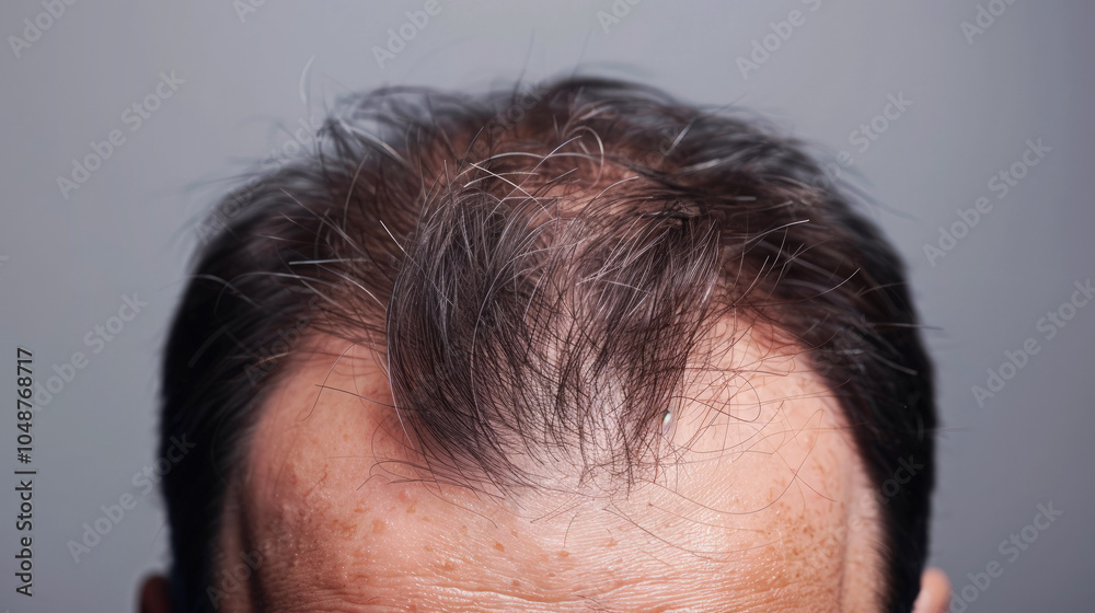 Close-up view of a bald spot on a man's head, showing thinning hair and scalp. Illustrating hair loss, aging, or men's health topics. Close-up view of a bald spot on a man's head, showing thinning hair and scalp. Illustrating hair loss, aging, or men's health topics.