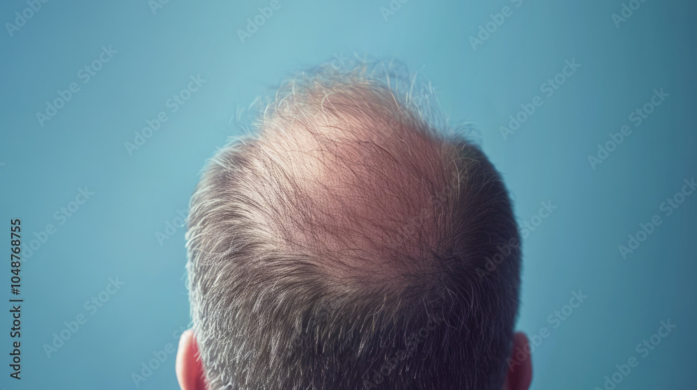 Obraz premium Close-up view of a bald spot on a man's head, showing thinning hair and scalp against a blue background. Illustrating hair loss, aging, or men's health topics.