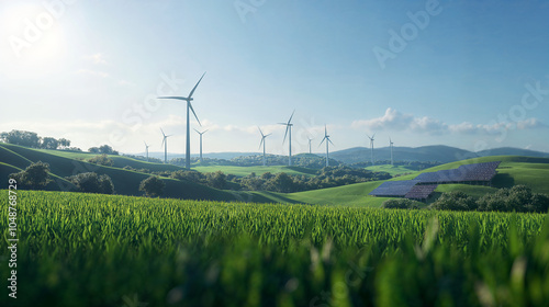 Paesaggio di colline ed erba verde con turbine eoliche e pannelli solari per energia sostenibile