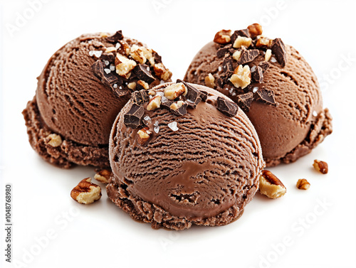Tre palline di gelato al cioccolato con scaglie di cioccolato e noci su sfondo bianco, scontornata