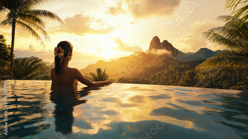 Donna elegante in piscina a sfioro con vista su paesaggio tropicale al tramonto