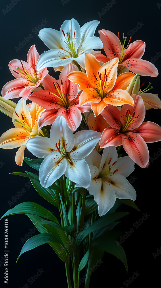 Obraz premium .A graceful bouquet of fresh lilies in soft white and pink tones, with long, elegant stems and lush green leaves.