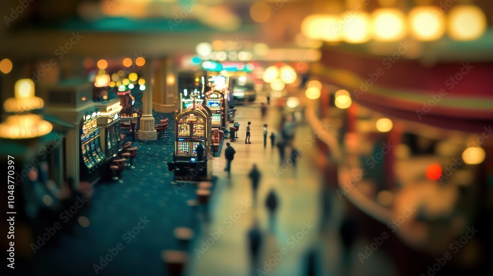 Obraz premium Vibrant casino interior with crowds of people, neon lights, and slot machines