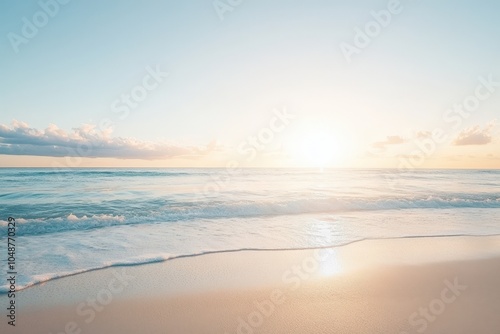 serene ocean sunset with calm waves lapping the sandy beach