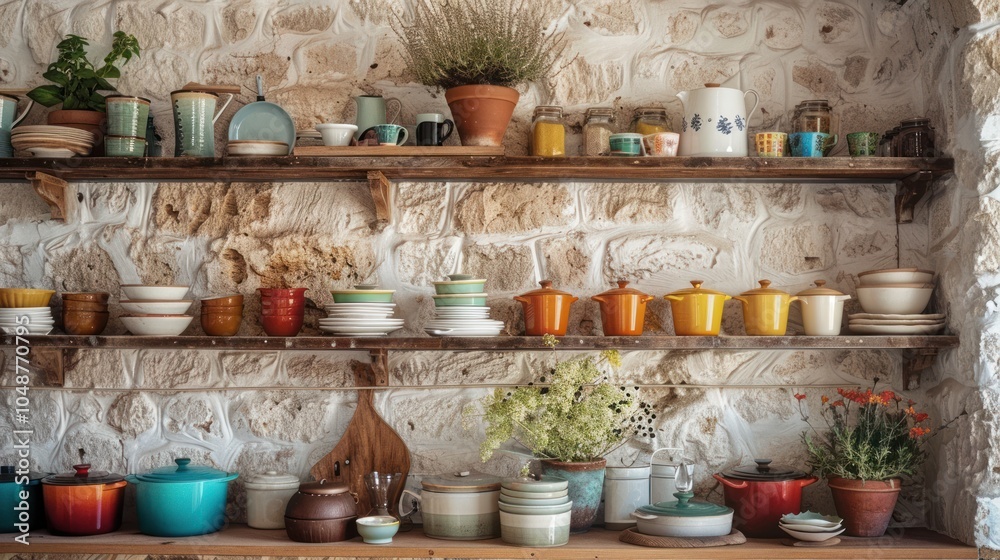 Rustic Kitchen Shelves with Assorted Dishes and Pots Rustic Kitchen Shelves with Assorted Dishes and Pots