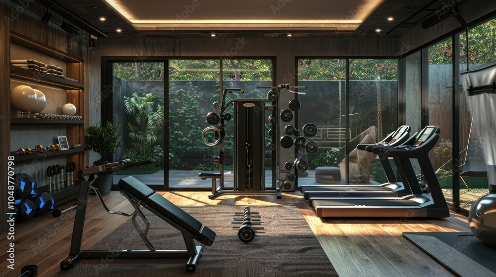 Fototapeta premium Modern Home Gym with Treadmills, Weight Machine, and Bench