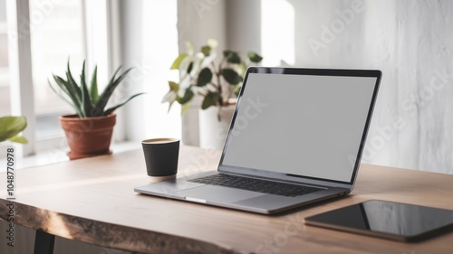 Modern Workspace with Laptop and Plants - Minimalist Setup with Blank Screen Laptop on Wooden Desk in Bright Room with Natural Light and Indoor Plants