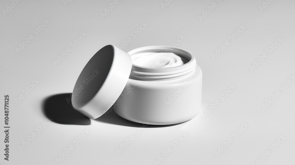 Minimalist Cosmetic Cream Jar on Neutral Background - High-Resolution Image of Skincare Product with Open Lid and Cream Texture in White Jar Minimalist Cosmetic Cream Jar on Neutral Background - High-Resolution Image of Skincare Product with Open Lid and Cream Texture in White Jar