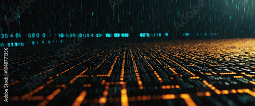 An abstract digital background with binary code and AI algorithms running in the background