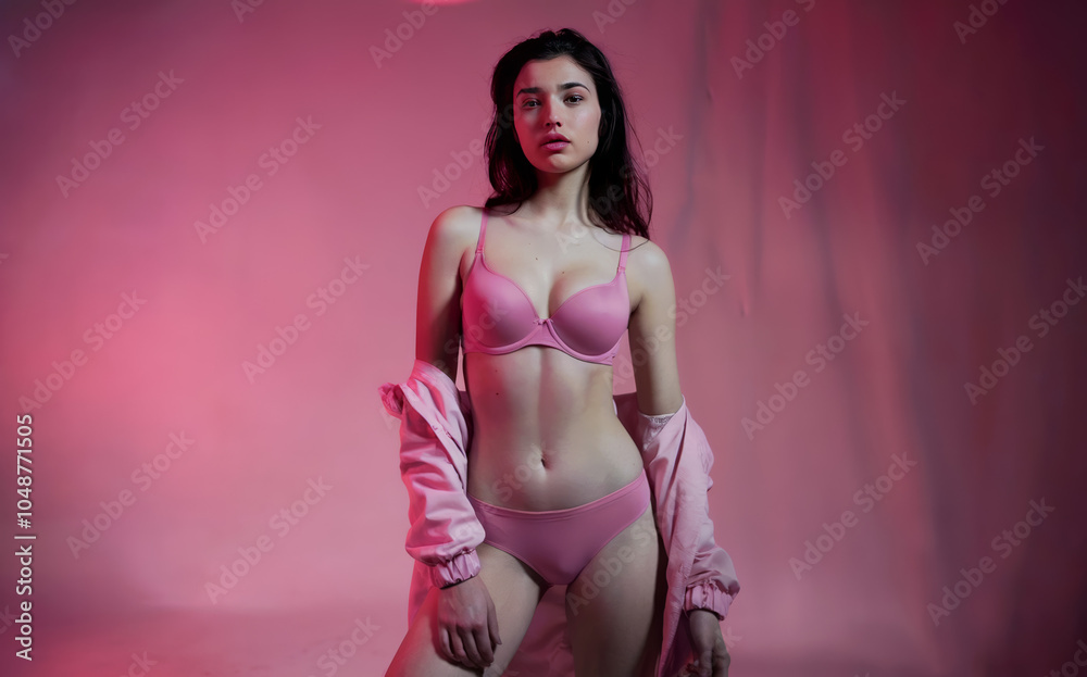 A photo of a young woman in pink lingerie, isolated over a pink studio background A photo of a young woman in pink lingerie, isolated over a pink studio background