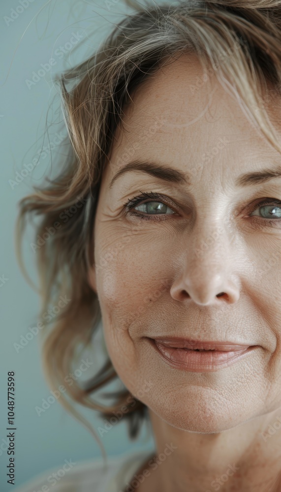 Gentle Smile of a Middle-Aged Woman Against Soft Pastel Blue Background Gentle Smile of a Middle-Aged Woman Against Soft Pastel Blue Background