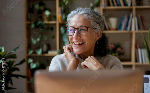 headshot webcam portrait of a happy older woman