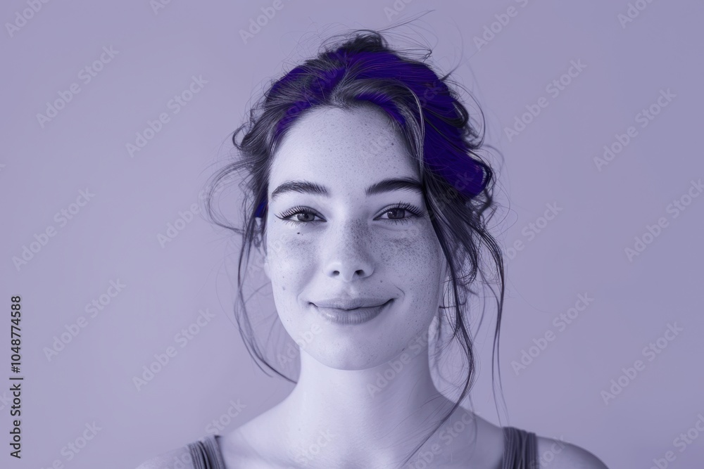 Confident Young Woman Smiling on Monochrome Purple Background for Portrait Photography Confident Young Woman Smiling on Monochrome Purple Background for Portrait Photography