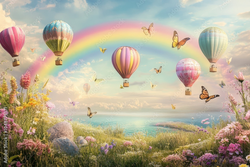 Obraz premium Colorful hot air balloons floating over a serene meadow with butterflies and a rainbow in the sky