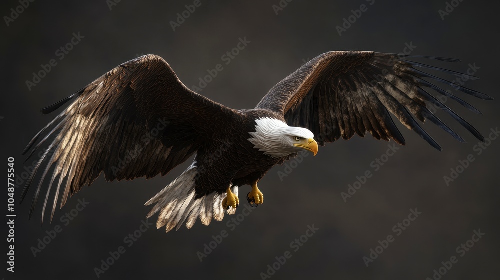 A bald eagle in mid-flight, its powerful wings cutting through the air with precision.