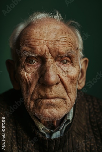 Thoughtful Elderly Man Portrait on Monochrome Green Background