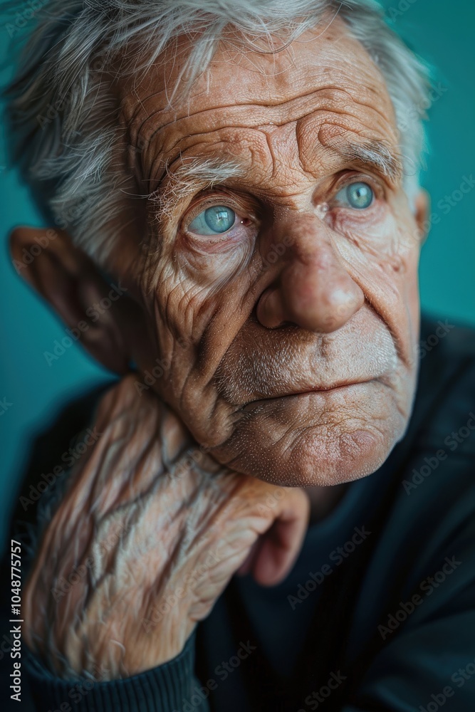 Reflective Portrait of Elderly Man with Thoughtful Expression on Teal Background Reflective Portrait of Elderly Man with Thoughtful Expression on Teal Background