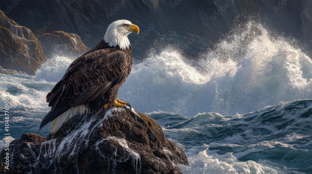Fototapeta premium A bald eagle resting on a rock by the coastline, with waves crashing in the background.