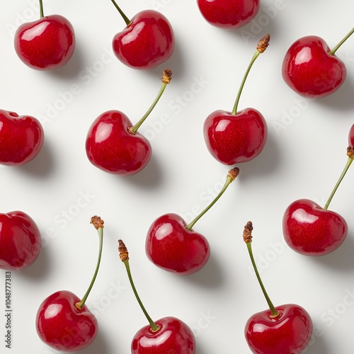 Fresh red cherries arranged in a symmetrical pattern on a white background, showcasing vibrant colors and a minimalistic aesthetic.