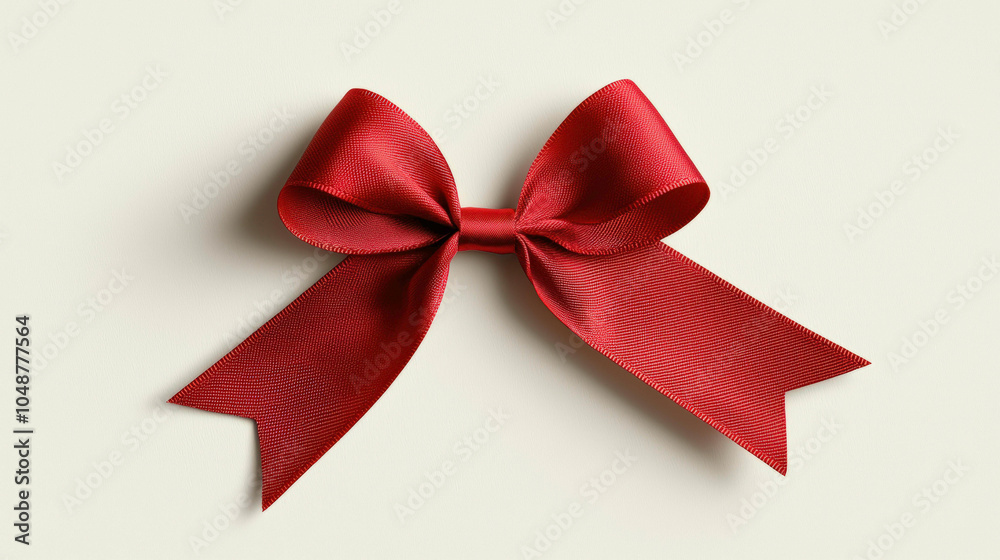 A vibrant red ribbon bow with elegant loops and tails, resting on a light background, perfect for gift decoration.