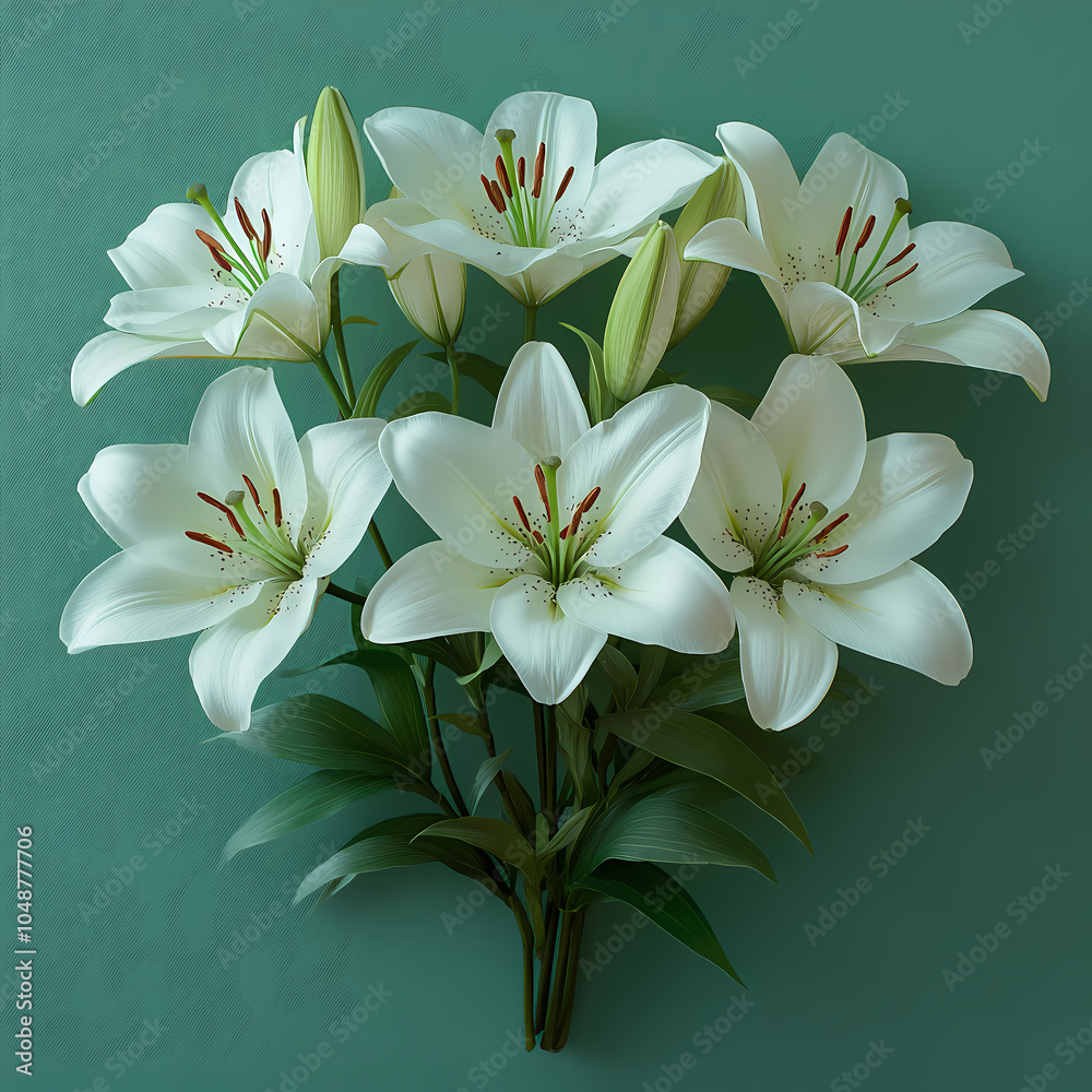 Fototapeta premium .A graceful bouquet of fresh lilies in soft white and pink tones, with long, elegant stems and lush green leaves.