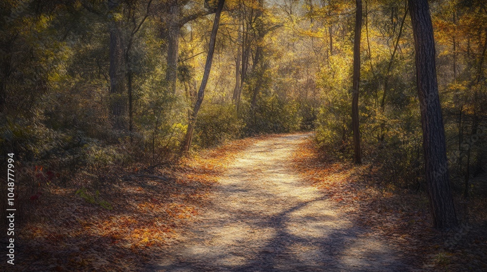 Obraz premium Serene autumn forest path with vibrant foliage