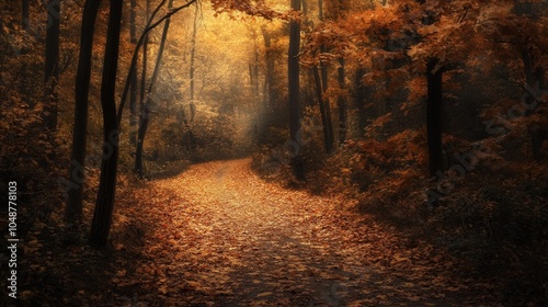 Serene autumn forest path with vibrant foliage