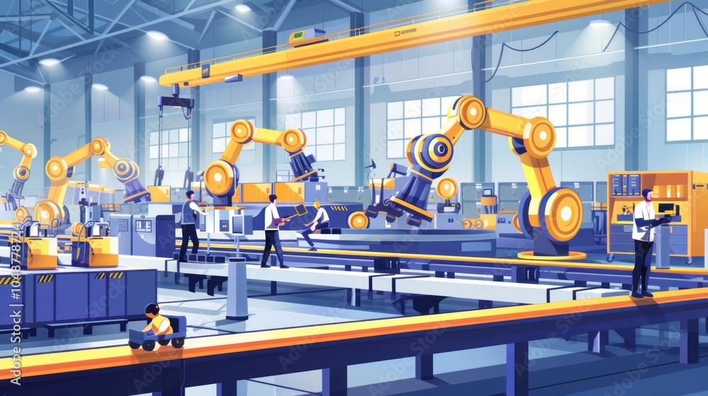 Automated Industrial Assembly Line with Workers and Robotic Arms