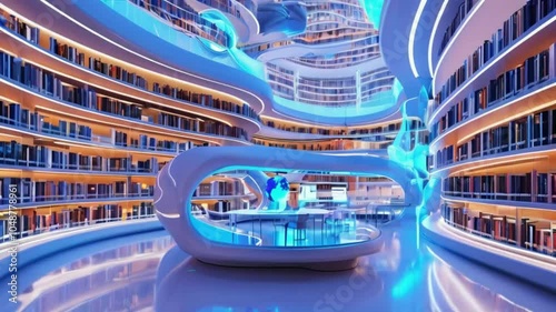A futuristic library interior with sleek design, vibrant lighting, and extensive bookshelves.