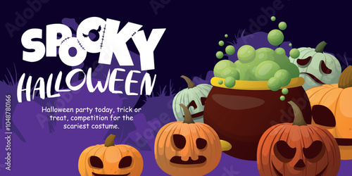 Halloween day poster or banner vector template. Halloween, zombies, pumpkins, hands, ghost, creepy trees, cemetery, cobwebs and realistic 3d Halloween design elements.