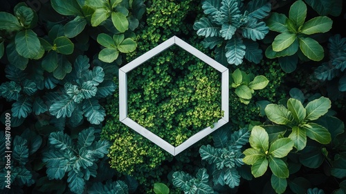 A white hexagonal frame sits on a bed of lush green foliage, creating a geometric contrast.