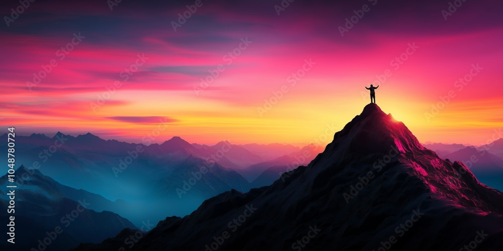 A person triumphantly stands atop a mountain peak during a stunning, colorful sunrise, symbolizing achievement and the beauty of nature. A person triumphantly stands atop a mountain peak during a stunning, colorful sunrise, symbolizing achievement and the beauty of nature.
