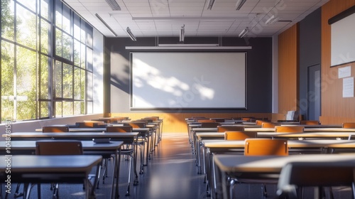 Empty Classroom with Projection Screen and Sunlight Streaming Through the Windows