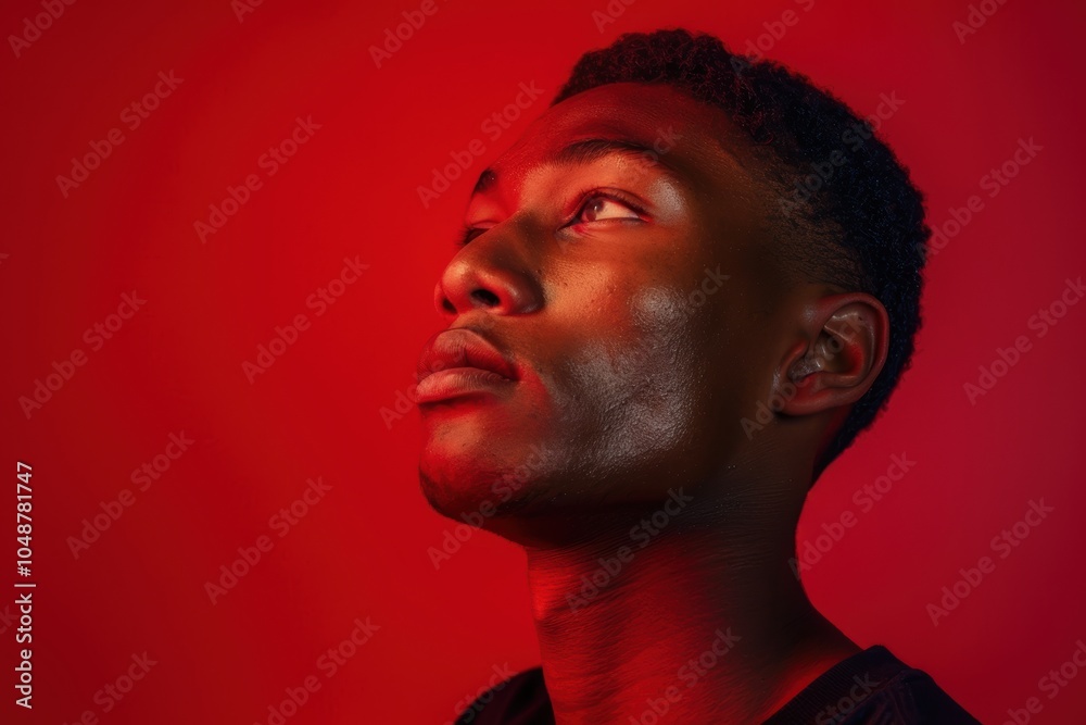 Focused Young Man with Intense Expression Against Red Background for Ambition Themes