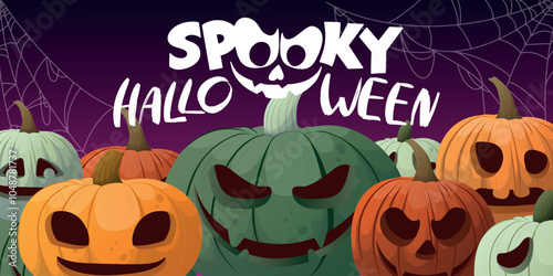 Halloween day poster or banner vector template. Halloween, zombies, pumpkins, ghost, creepy trees, cemetery, cobwebs and realistic 3d Halloween design elements.
